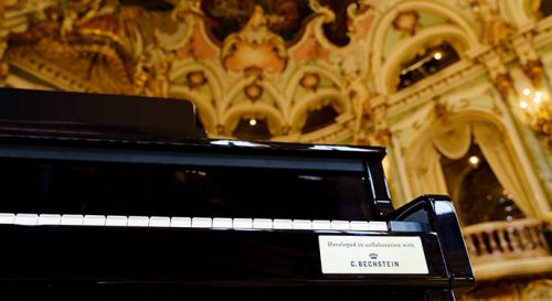 a closeup of the Casio Celviano Grand Hybrid in a classical hall with the Bechstein badge